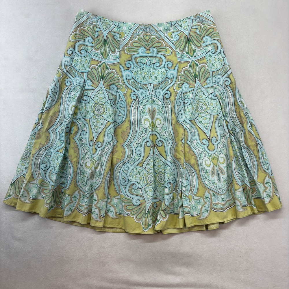 Talbots Skirt Womens 8P‎ Green Blue Paisley Cotton A-Line Lined Knee Length